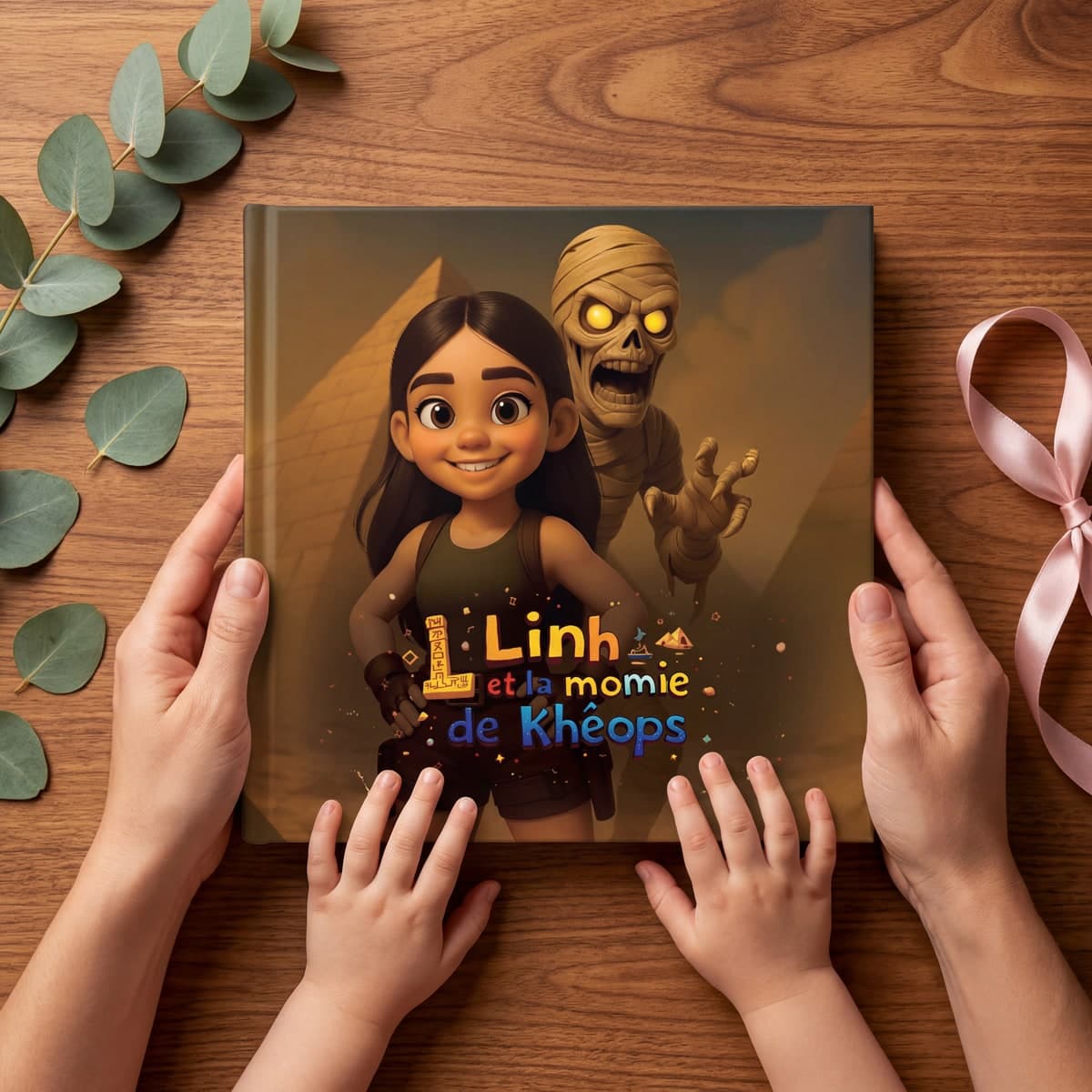 Livre Prestige Conte de Faits, Linh et la momie de Khéops, tenu dans les mains d'un parent et d'un enfant