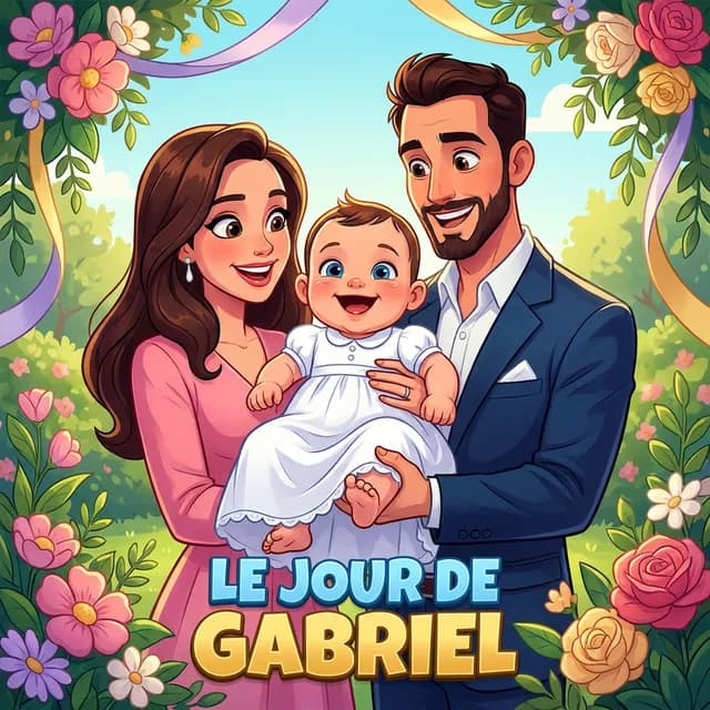 Livre personnalisé baptême : Le Jour de Gabriel, illustration cartoon