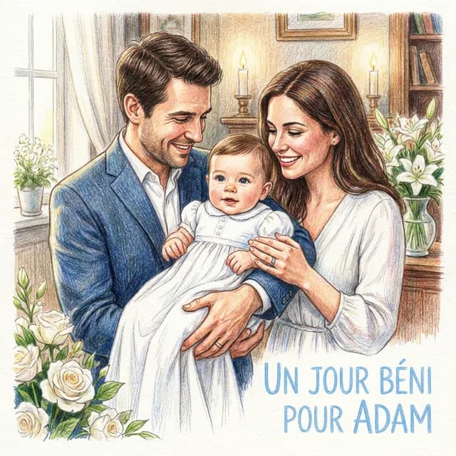 Livre personnalisé baptême : Un Jour Beni pour Adam, illustration crayon