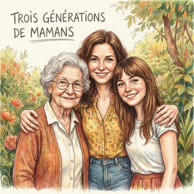 Livre personnalisé fête des mères : Trois Generations de Mamans, illustration crayon