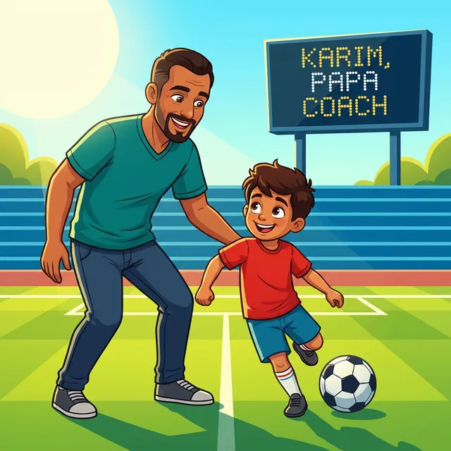 Livre personnalisé fête des pères : Karim Papa Coach, illustration cartoon