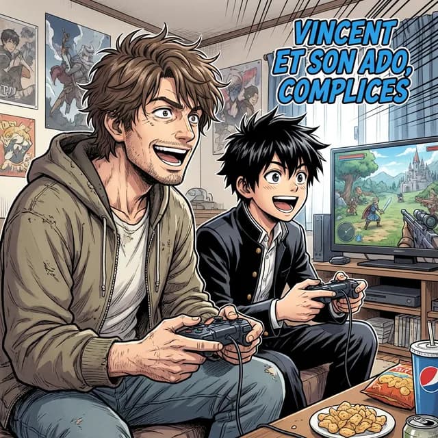 Livre personnalisé fête des pères : Vincent et son Ado Complices, illustration manga