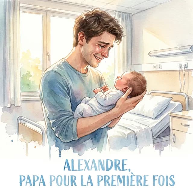 Livre personnalisé fête des pères : Alexandre Papa Premiere Fois, illustration aquarelle