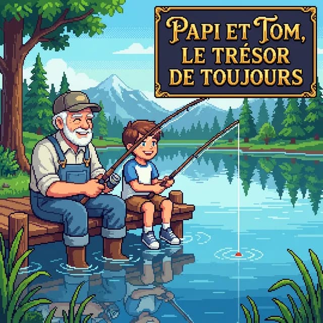 Livre personnalisé grands-parents : Papi et Tom le Tresor de Toujours, illustration pixel art