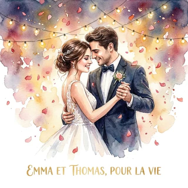Livre personnalisé mariage : Emma et Thomas Pour la Vie, illustration aquarelle