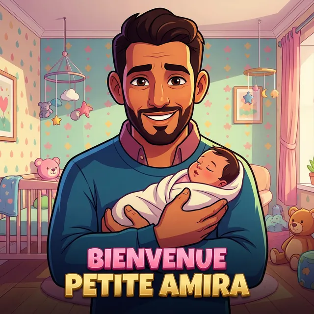 Livre personnalisé naissance : Bienvenue Petite Amira, illustration cartoon