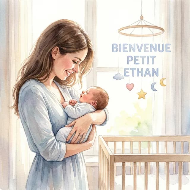 Livre personnalisé naissance : Bienvenue Petit Ethan, illustration aquarelle