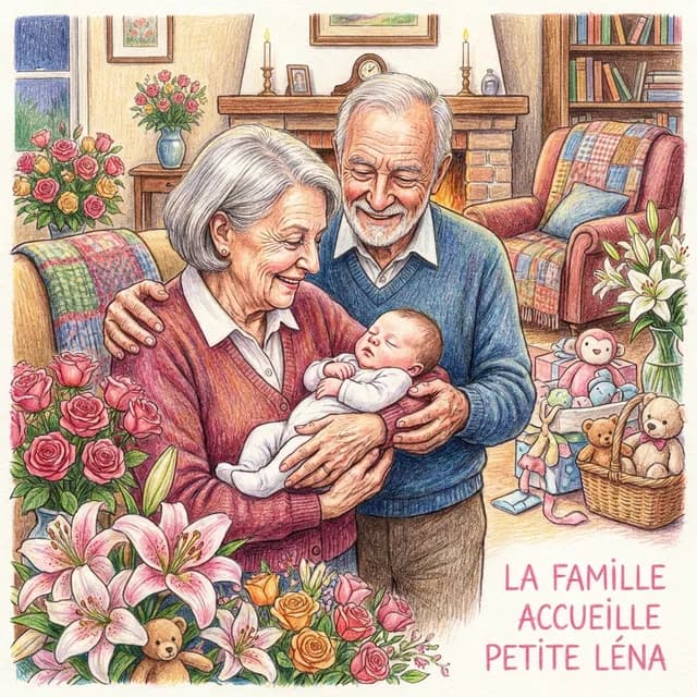Livre personnalisé naissance : La Famille Accueille Petite Lena, illustration crayon