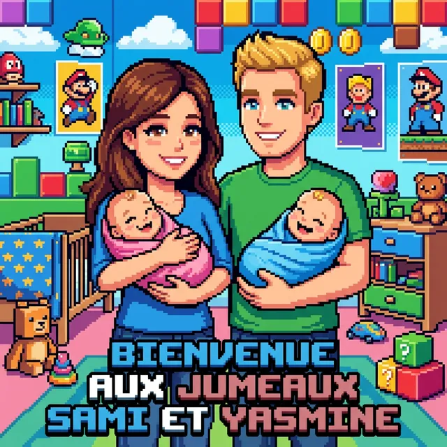 Livre personnalisé naissance : Bienvenue Jumeaux Sami Yasmine, illustration pixel art