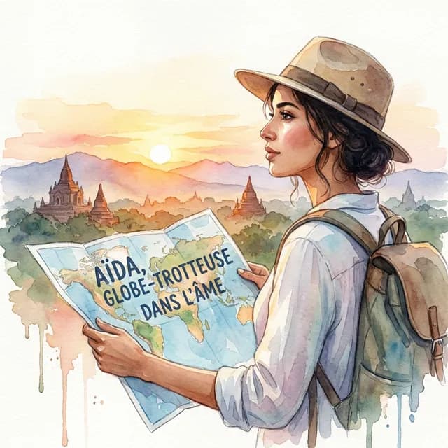 Livre personnalisé pour une femme : Aida Voyage, illustration aquarelle
